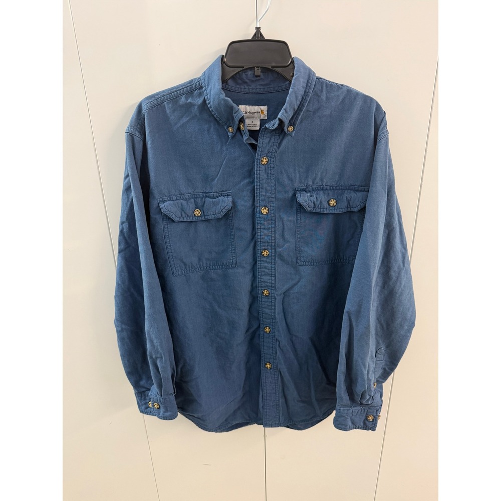 Carhartt Mens Large Blue Cotton Canvas Long Sleeve Button Down Work Shirt S202